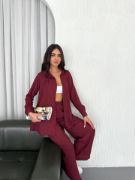 Yakalı Düğmeli Uzun Kollu Gömlek Pantolon Ikili Takım - Bordo resmi